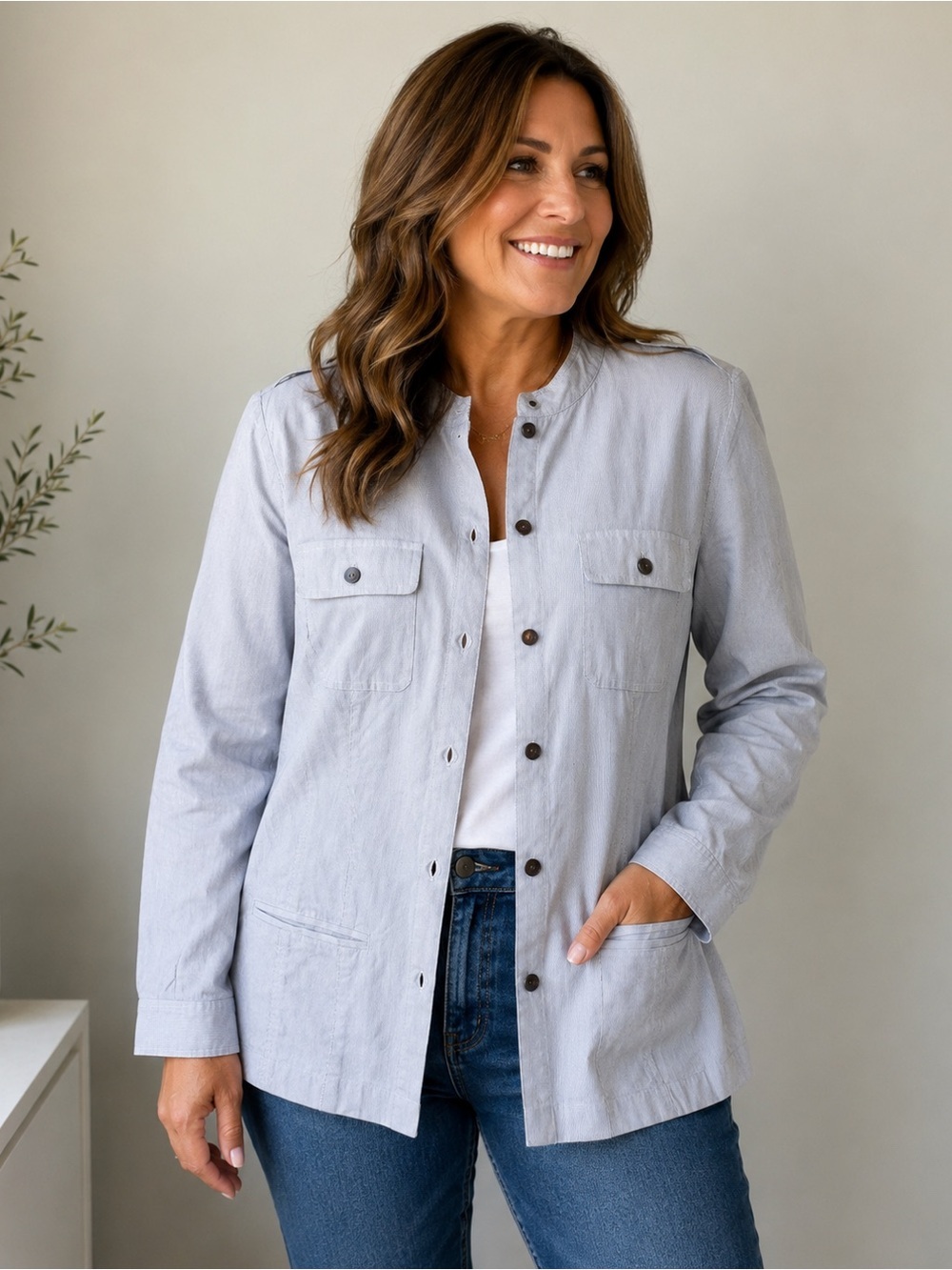 J. Jill Stretch Utility Jacket – Women’s Medium Tall (MT) – Beige & White Stripe